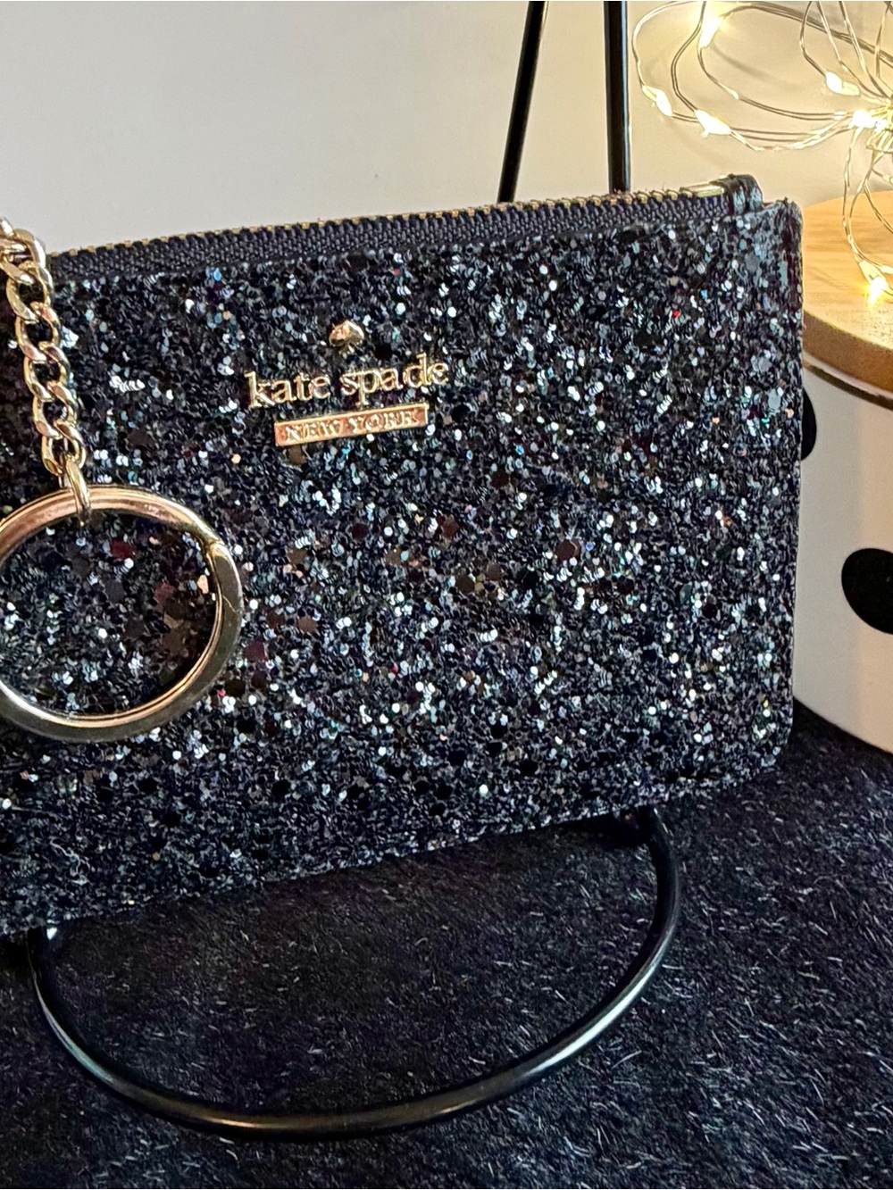 Kate Spade Glitter Card Holder Coin Purse Keychain Black Gold Hardware